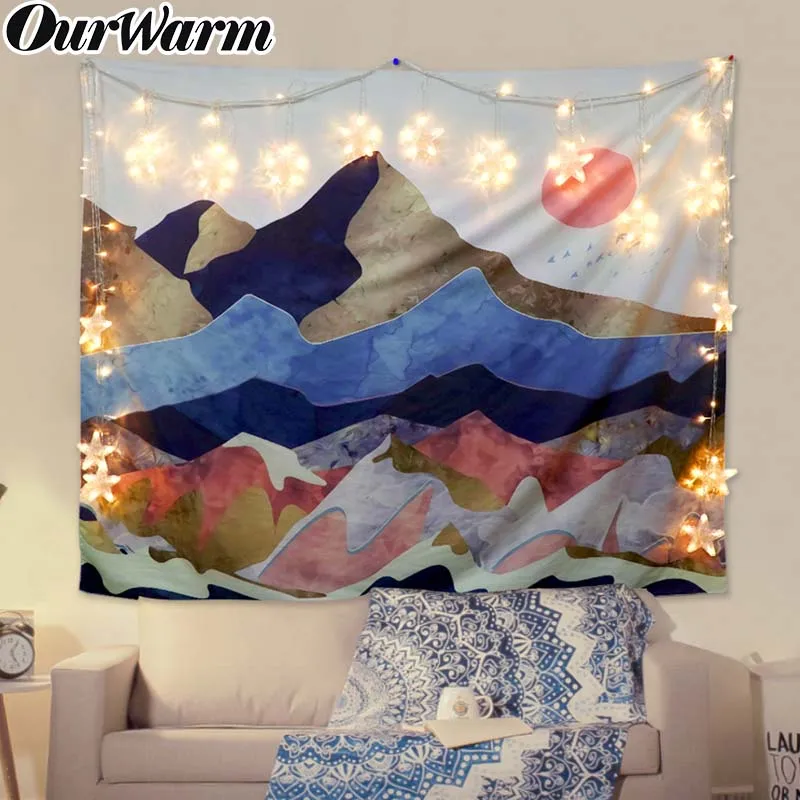 

OurWarm Mountain Sunset Print Tapestry Wall Hanging Background Decor oil painting pattern boho Tapestry 130*150cm for Home Decor
