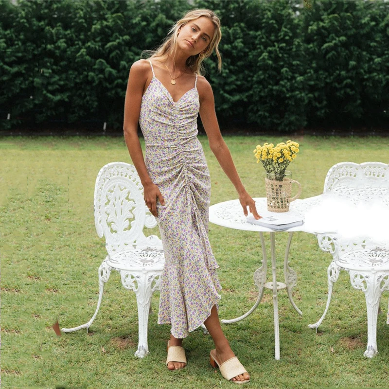 

Ardm Elegant Slim Floral Print Strap Women Dress Slip Pleated Maxi Dress Ruffed Vintage Summer New Female Party Dress Vestidos