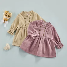 

0-24M Baby Girls Autumn Dress Infant Toddler Corduroy Solid Color Ruffled-Neck Long Sleeve Casual Skirt Princess Dress