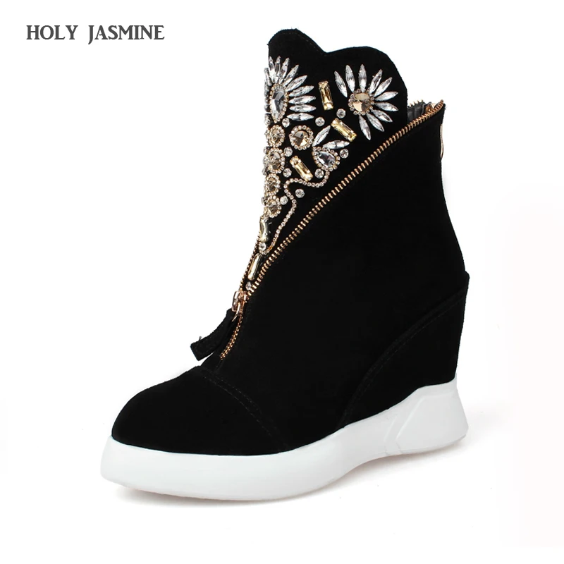 

2017 New Women's Genuine Wedge Platform Rhinestone Fashion Ankle Boots Comfort Winter Front Zip Short Booties Female Footwear