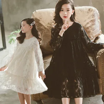 

Back To School Clothing Hollow Out Lace Floral Girls Dress 2019 Autumn Red Black Beige Kids Princess Dresses Children Party
