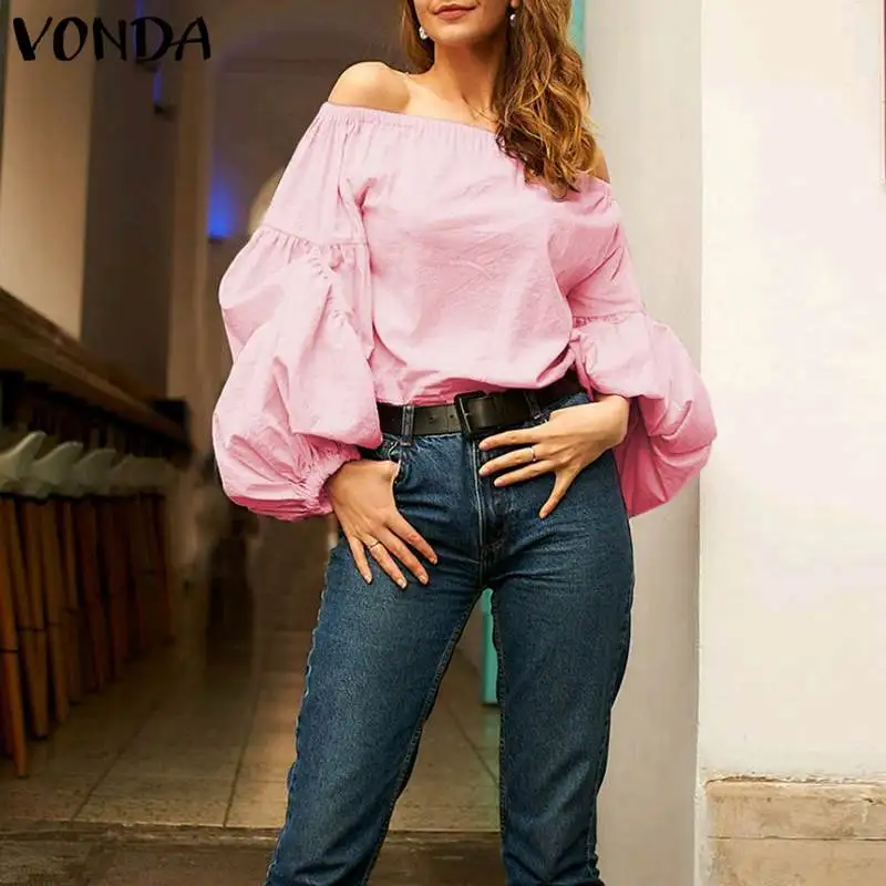 

VONDA Tops Women Tunic Sexy Off Shoulder Tops Sexy Long Lantern Sleeve Party Shirts 2020 Autumn Casual Blusas Plus Size Blouse