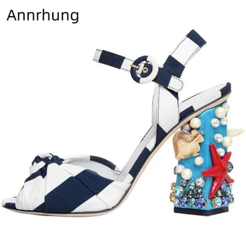 

Striped Bowknot Gladiator Sandals Women Peep Toe Starfish Shell Pearl Rhinestone Decor Chunky Heel Ankle Strap Shoes Woman
