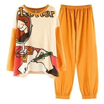

Explosive Long-Sleeved Cotton Pajamas Women's Autumn And Winter Ins Cartoon Drawing Simple Fashion Ladies Plus Size Home Service