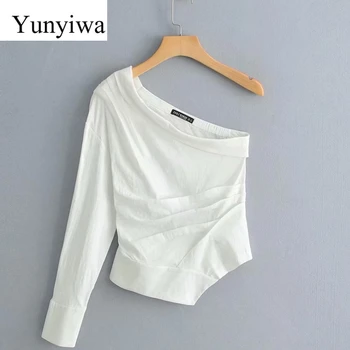 

New Women Fashion Solid Color One Shoulder Pleated Shirt Blouses Women Irregular Hem White Roupas Femininas Chemise Shirt