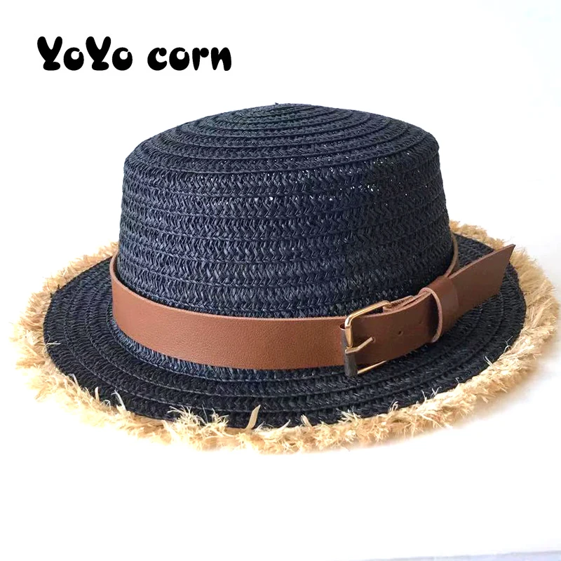 

Woman raffia Beach Caps Panama Hat Sombrero Travel Sunhat Lady with yellow belt Summer Straw Sun Hats Fedora Trilby Gangster Cap
