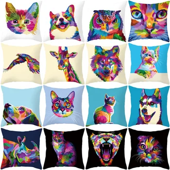 

New 2020 Cushion Cover Abstract Cat Multicolor Animal Peach Velvet Pillowcase Car Sofa Decorative Pillow Home Decoration 45x45cm