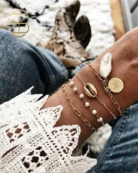

2019 Lady's Bangles Bracelet New Bohemian Simulated Pearls Metal Shell Coin Charm Gold Chain Bracelets Set For Women