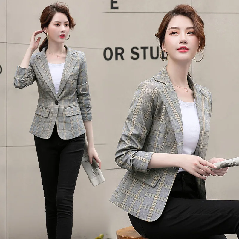 

Retro Plaid Suit Jacket Women's Korean-style 2019 New Style British-Style Casual Short Small Suit Pattern Suit