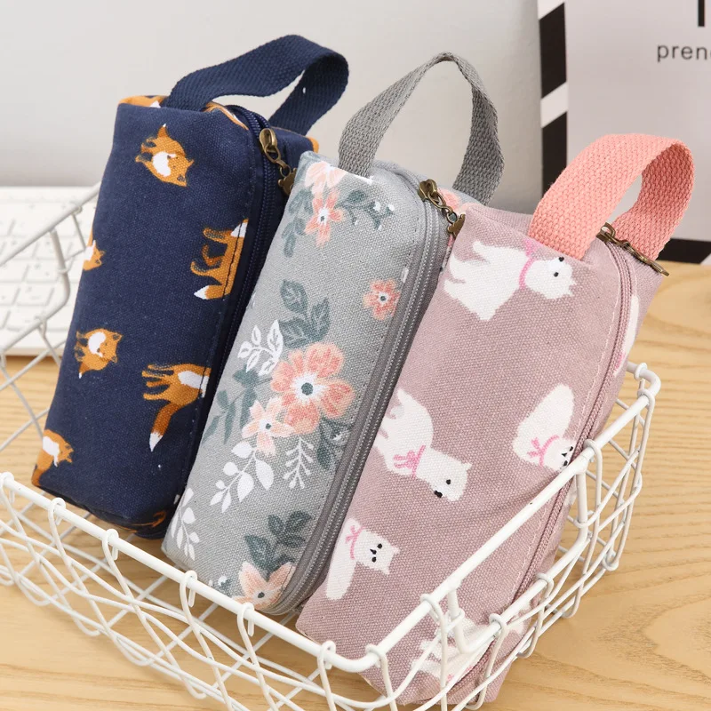 Kawaii Pencil Case Animal Pattern Canvas School Stationery for Girl