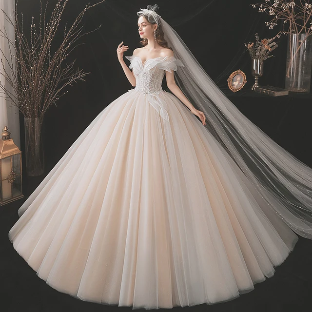 JKM061 Light Wedding Dress New Bridal French-style Off-the-shoulder Gown Slimming Floor-length Super Fairy Mori Style Dream 4