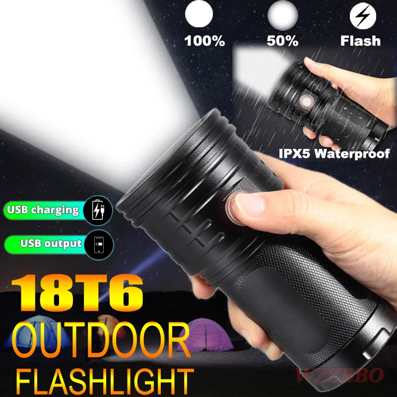 

Rechargeable 18T6 LED Torch Super Bright LED Flashlight 3 Modes USB Charging Lantern Portable Lamp for Phone Charging Power Bank