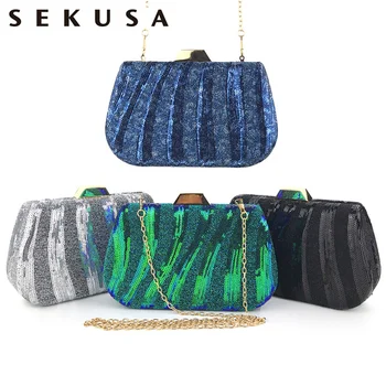 

SEKUSA New arrival sequined fashion laides day clutches green metal dinner party evening bags and purse