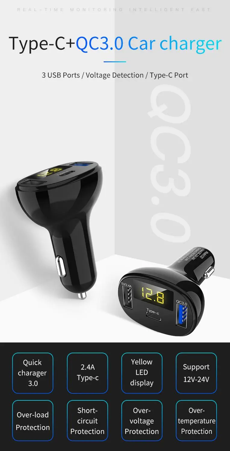 

Mini Car Charger with FM Transmitter QC 3.0 Receiver TF Card Car Kit Dual USB TYPE-C Car Phone Quick Charger