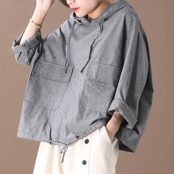 

Female new autumn and spring Korean style plus size literary hem drawstring hooded loose T-shirt