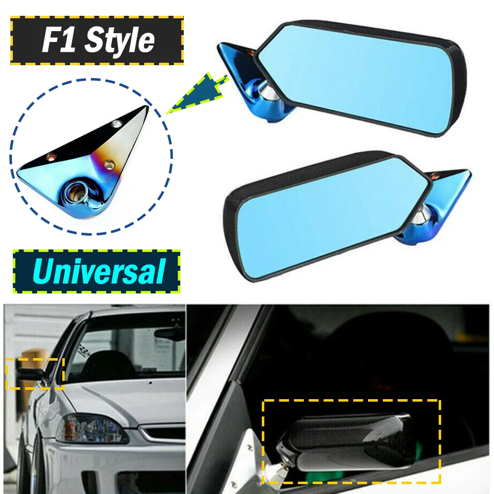 

Universal Retro Car Rearview Side Mirror Craft Square F1 Style Blue Mirror Surface Metal Bracket Rear Carbon Fiber View Mirror