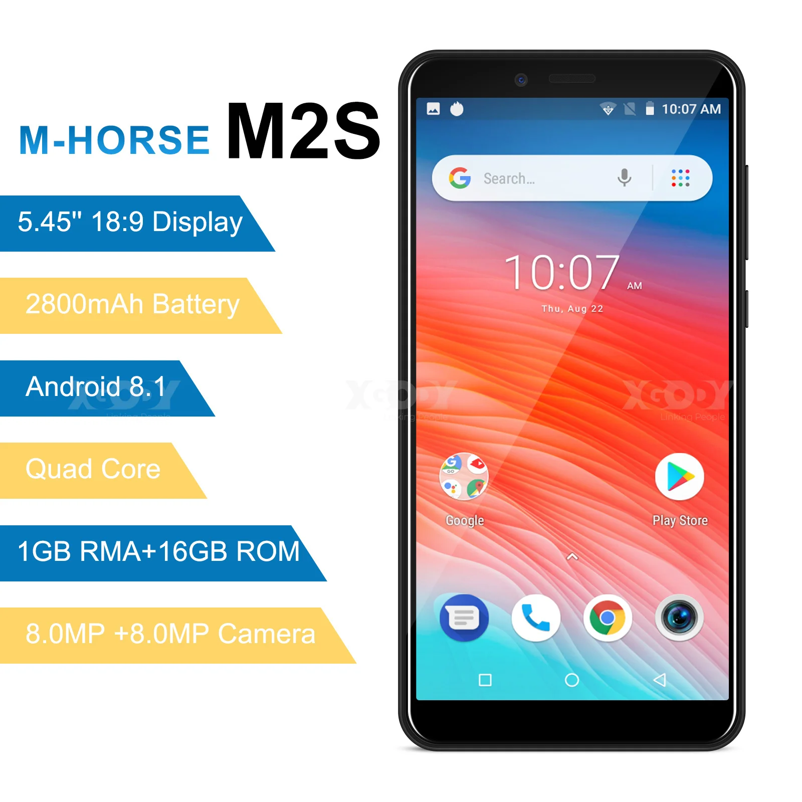 

M-HORSE M2S Smartphone Android 8.1 2800mAh Cellphone 1GB+16GB Quad Core 5.45" 18:9 Full Screen Dual 8MP Camera 3G Mobile Phone