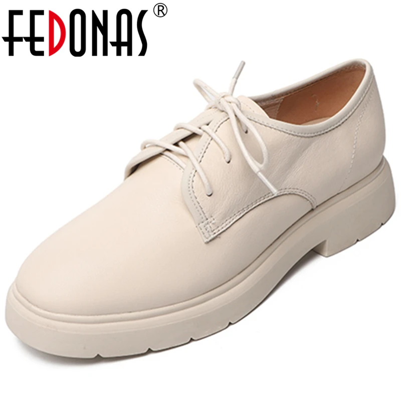 

FEDONAS 2020 Spring New Classic Design Concise Women Cow Leather Round Toe Shoes Low Heels Working Casual Lace-Up Shoes Woman