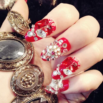 

24Pcs/Set Adhesive False Nail Tips Red Shining Diamond Finished Round Fake Nails Full Cover for Wedding Bride Decoration KG66