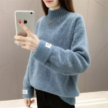 

Women Sweater 2019 Autumn Winter New Loose Pullover Sweater Turtleneck Bottoming Sweater Thickening Warm Female Knitwear JIU138