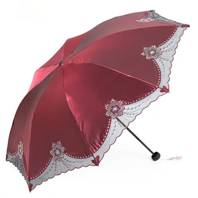 Creative all steel 8 bone umbrella stand sun umbrella sunscreen anti-UV lace embroidered umbrella female tri-fold umbrella - Цвет: red