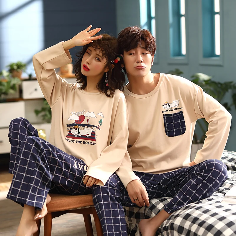 

New Spring 100% Pajamas Set Cotton Couple Pyjama Winter Pajama Cute Cartoon O-neck Long Sleeve for Men and Women