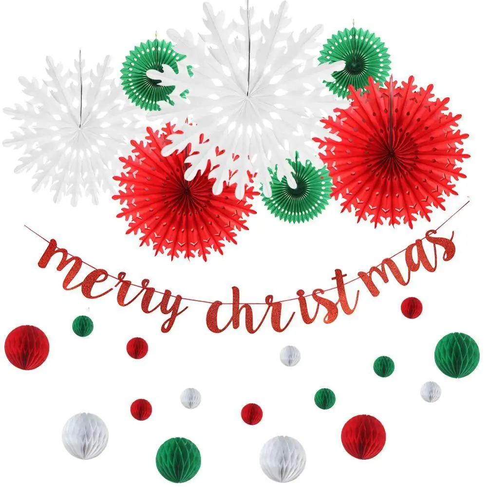 

29pcs DIY Christmas Decorations Celebration Party supplies Hanging Honeycomb Ball Snowflake Paper Fans Merry Christmas Banner