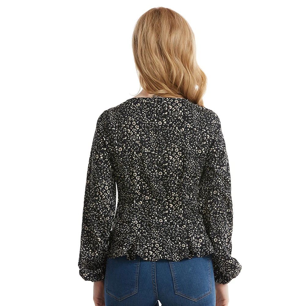Women Blouse Elegant Dot Printed Blouses Fashion Sexy V-neck Casual Shirts Long Sleeve Ruffles Female Tops 2