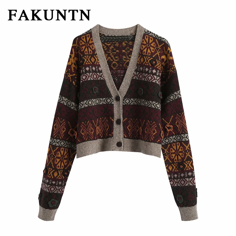 

Vintage Cardigan Women Sweater Winter Knit Long Sleeve Outerwear V Neck Single Breasted Printed Sweater Women Knitted Cardigan