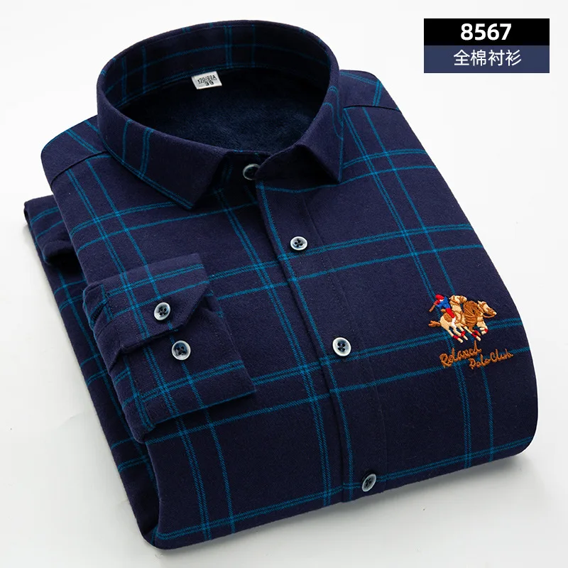8567 Men Warm Shirt Высококачественная Мужская одежда, рубашки, немецкая теплая зимняя окрашенная пряжа, чистый хлопок, мужская клетчатая рубашка, плотный бархат - Цвет: 8567 Men Warm Shirt