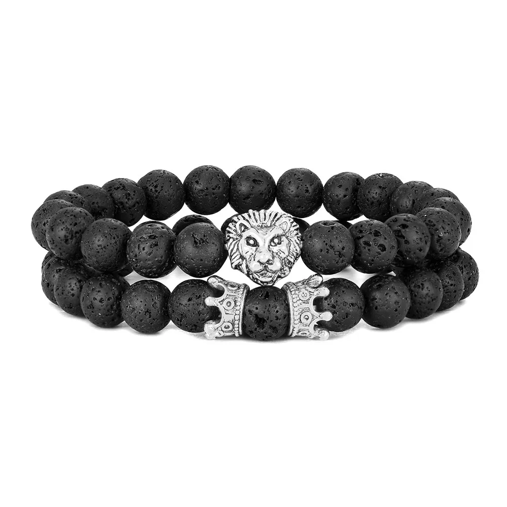 Bracelet Jewelry 2 Pcs / Set Vintage Lion Head and Crown Charm Bracelet 8mm Natural Lava Stone Beads Bracelet Men Fashion Jewelry