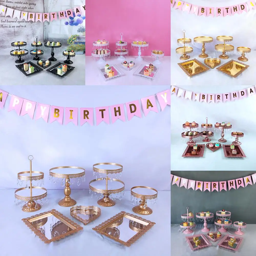 7pc mirror gold cake stand set Desserts display rack decoration arrangement wedding birthday cake decorating tools cupcake stand