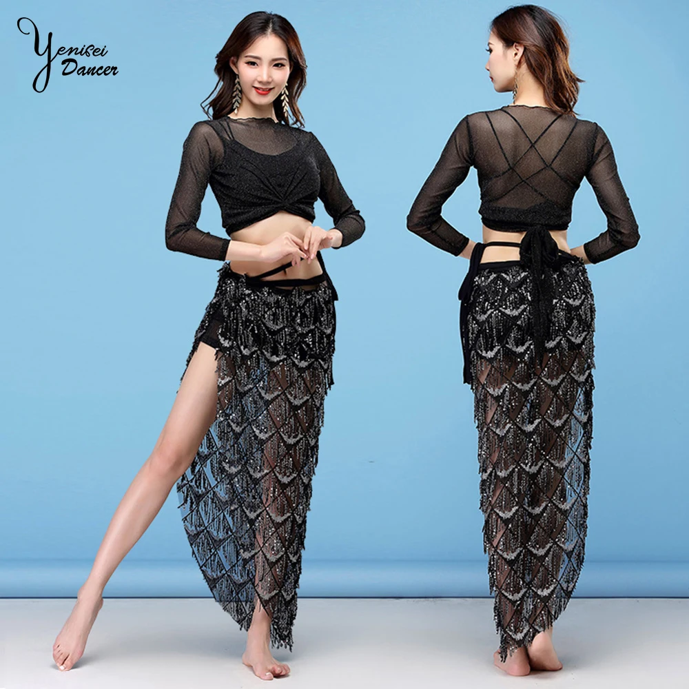 

Black Sexy Belly Dance Performance Set Silk Skirt Peacock Feather Style Split Skirt for Bellydancer Adulte Belly dance Skirts