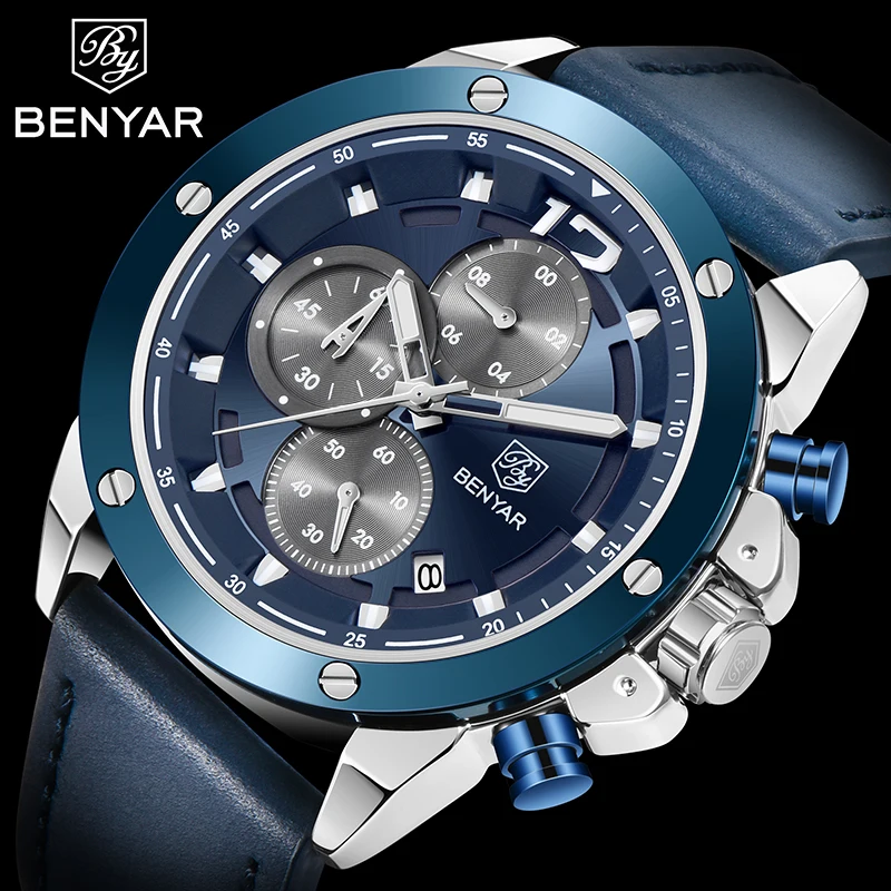 

BENYAR Top Luxury Brand Men's Multifunction Watch Fashion Quartz Chronograph Leather Waterproof Male Watches Relogio Masculino