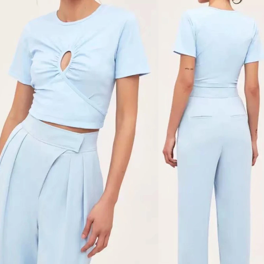 

Summer Women's Sexy Cutout tshirt Tops Ladies O Neck short Sleeve White Casual T Shirts Female Blue Clothes Basis Wild Crop Top
