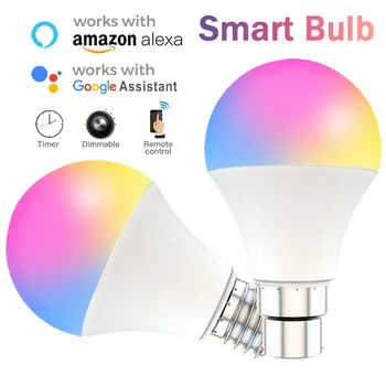 

WiFi Smart Light Bulb 15W B22 E27 Dimmable Lamp Night Light RGB+CCT Timeing Voice Remote Control with Alexa Google Home
