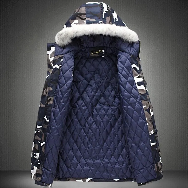 Бархатная зимняя куртка для мужчин, M-5XL, модные камуфляжные парки, мужские военные пальто, мужские утепленные пальто с хлопковой подкладкой и меховым капюшоном