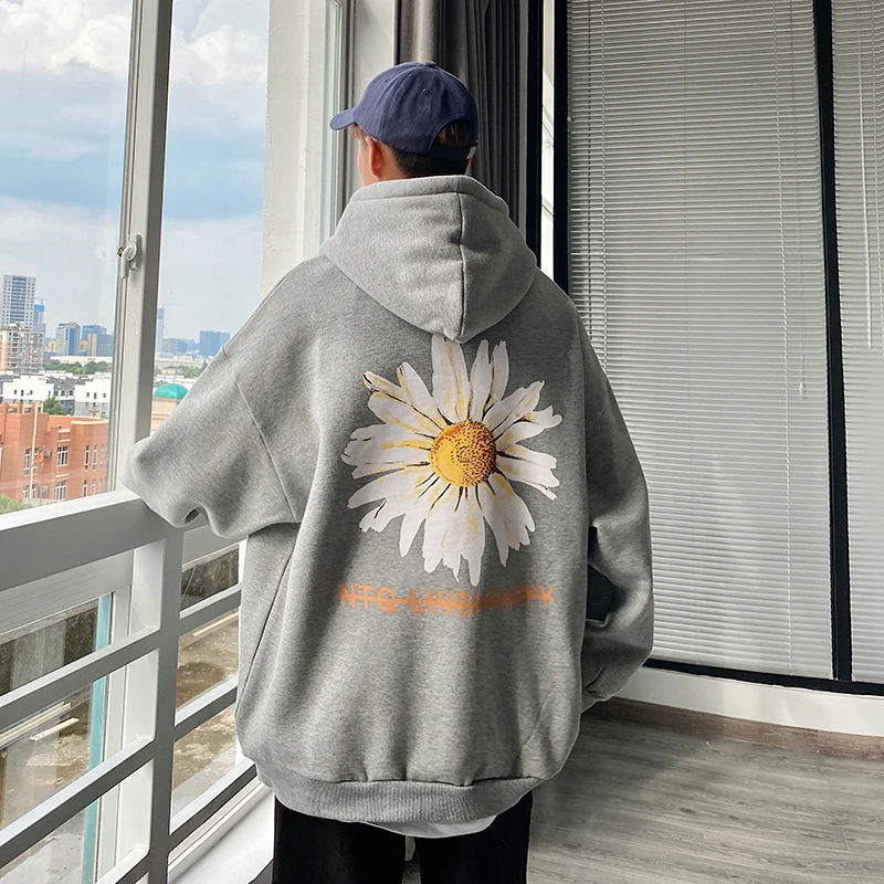 

Man's Hoodie Hong Kong Style Autumn 2020 Solid Small Chrysanthemum Print Hooded Coat Pullover Trend Top Loose Men Hoodie Cool