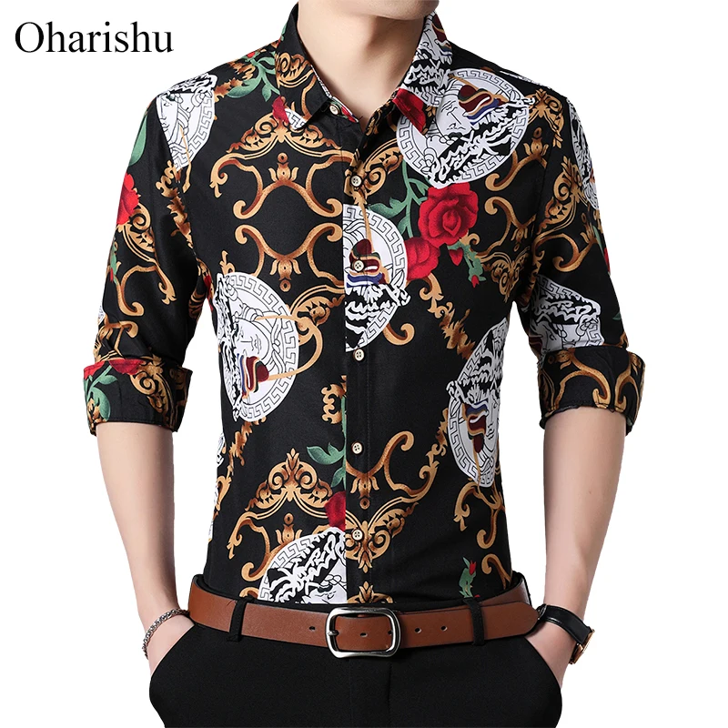 

2020 New Autumn New Long Sleeve Personality Printed Shirts Plus Size 5XL 6XL 7XL Button Down Social Hawaiian Floral Shirt