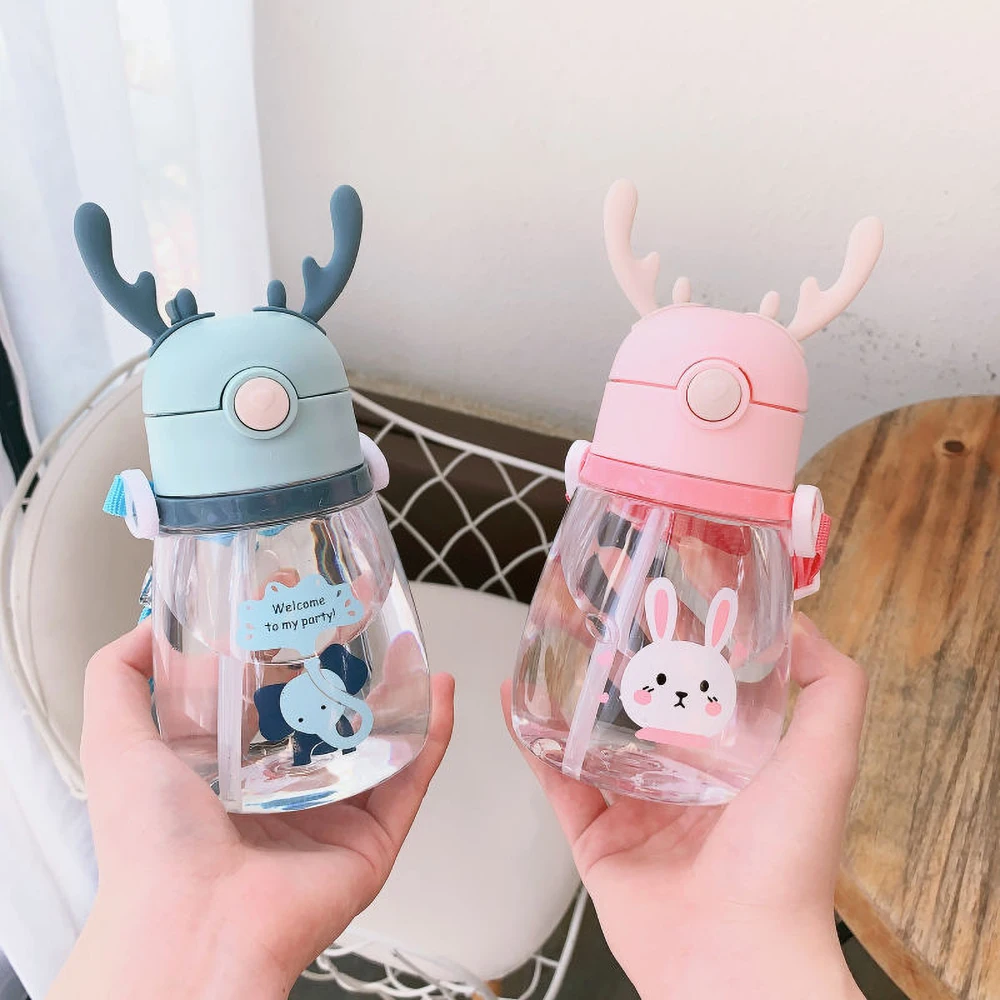 

Kawaii Water Bottle Portable Cute Deer Cup With Straw Leak-proof Drinking Bottle for Girl Boy Students Kids