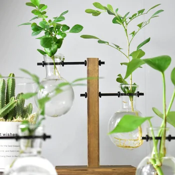 

Creative Elegant Decorative Bracket Portable Table Desk Glass Hydroponic Vase Flower Plant Pot With Wooden Tray Office Decor