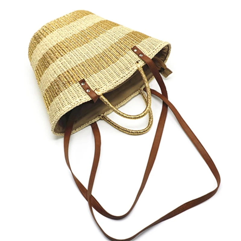 

ABZC-Woven Bag Handmade Straw Woven Beach Bag Handbag Summer Gold Silver Stripe Handbag Weave Large Handbag