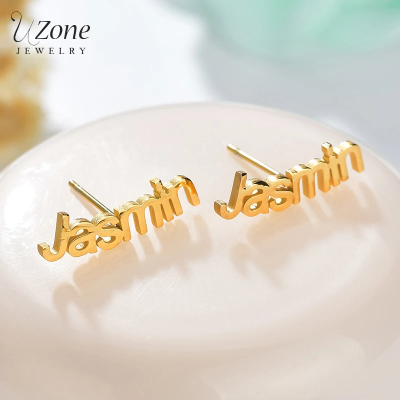 

UZone 1 Pair Custom Name Stud Earrings Gold Color Stainless Steel Personalized Letter Nameplate Piercing Earrings For Women Gift