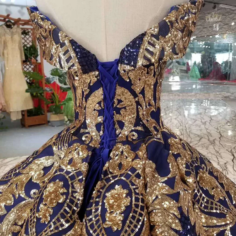 HTL387G Navy Blue Dubai Evening Dress 2020 Plus Size Golden Off Shoulder Sweetheart For Women Swollen 6