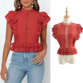 

Casual red ruffles blusas mujer de moda 2019 za hollow out blouse women cascading ruffles back zipper ropa mujer chic womens top