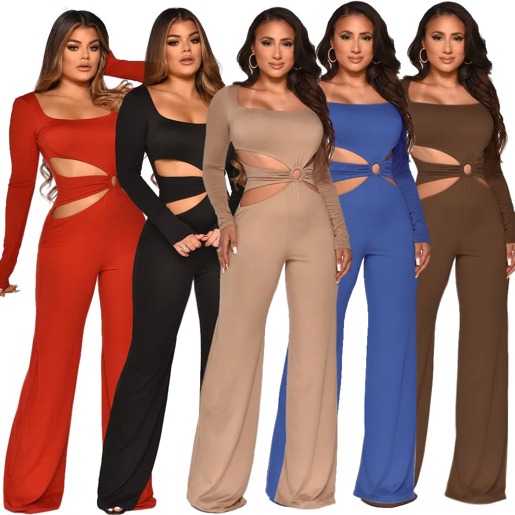

Casaul Women Jumpsuit Long Wide Pants Sporty Hollow Out Solid Color Long Romper Women Jumpsuit Outfit
