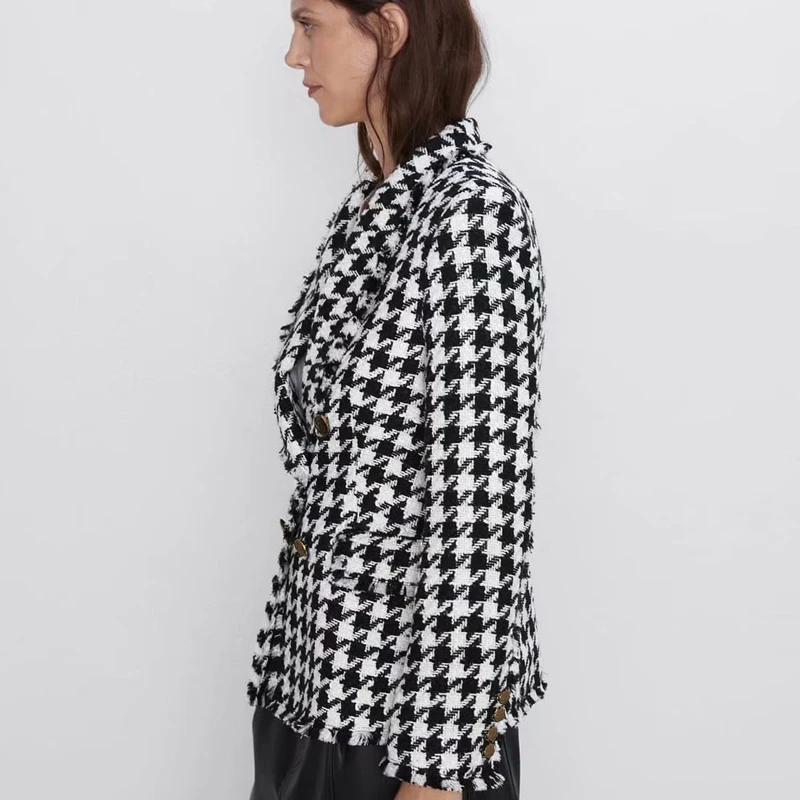 2019 Autumn Winter ZA Coat Women England Vintage Houndstooth Soft Tweed Sashes Oversize Drop-Shoulder Double-breasted Jacket 2019 Autumn Winter ZA Coat Women England Vintage Houndstooth Soft Tweed Sashes Oversize Drop-Shoulder Double-breasted Jacket