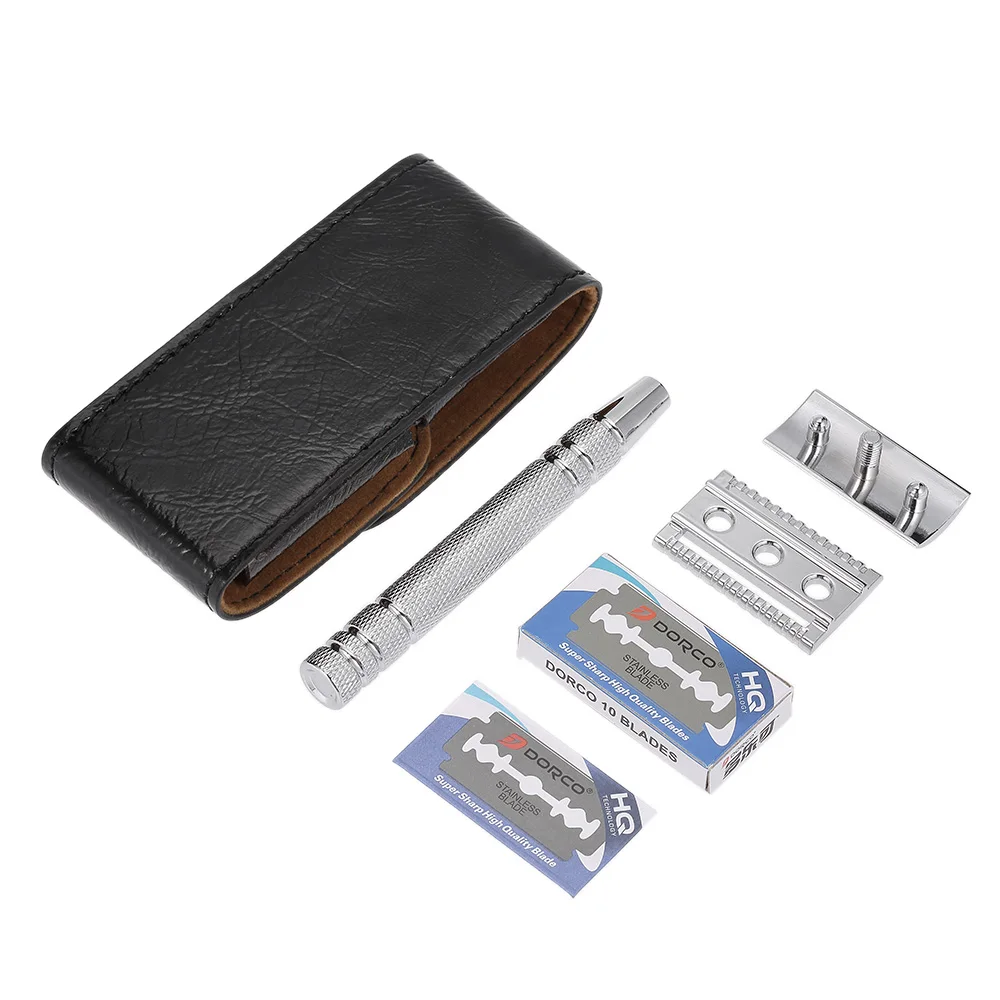 

Manual Men's Shaving Double Edge Safety Razor Stainless Steel Shaving Razor Traditional Razor With 10pcs Blades PU Storage Bag