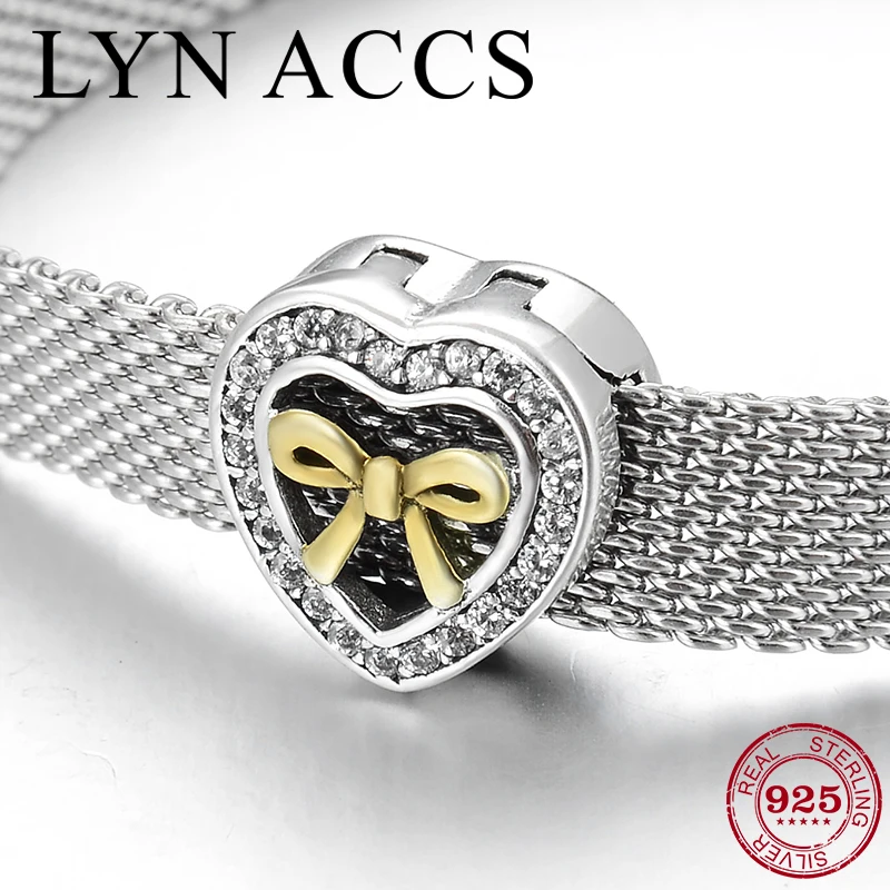 925 Sterling Silver Gradient golden bow Clear Zircon Heart Clip beads Fit Original Reflection Charm Bracelet Fine Jewelry Making | Украшения
