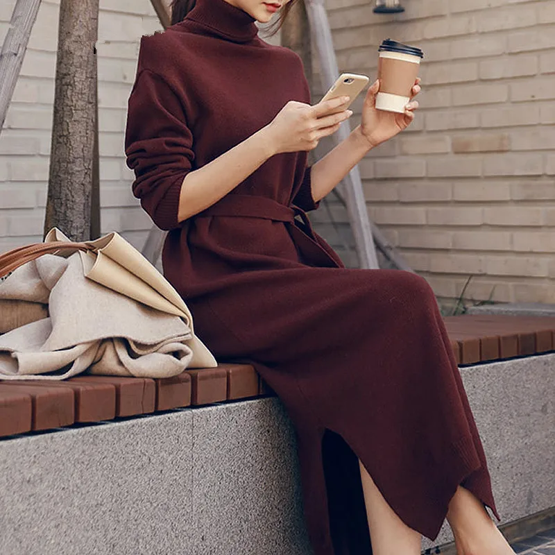 Casual Lange Jurk Vrouwelijke Herfst Winter Gebreide Trui Jurk Met Riem Stijl Coltrui Maxi Jurken Voor Vrouwen YQ276 Casual Lange Jurk Vrouwelijke Herfst Winter Gebreide Trui Jurk Met Riem Stijl Coltrui Maxi Jurken Voor Vrouwen YQ276